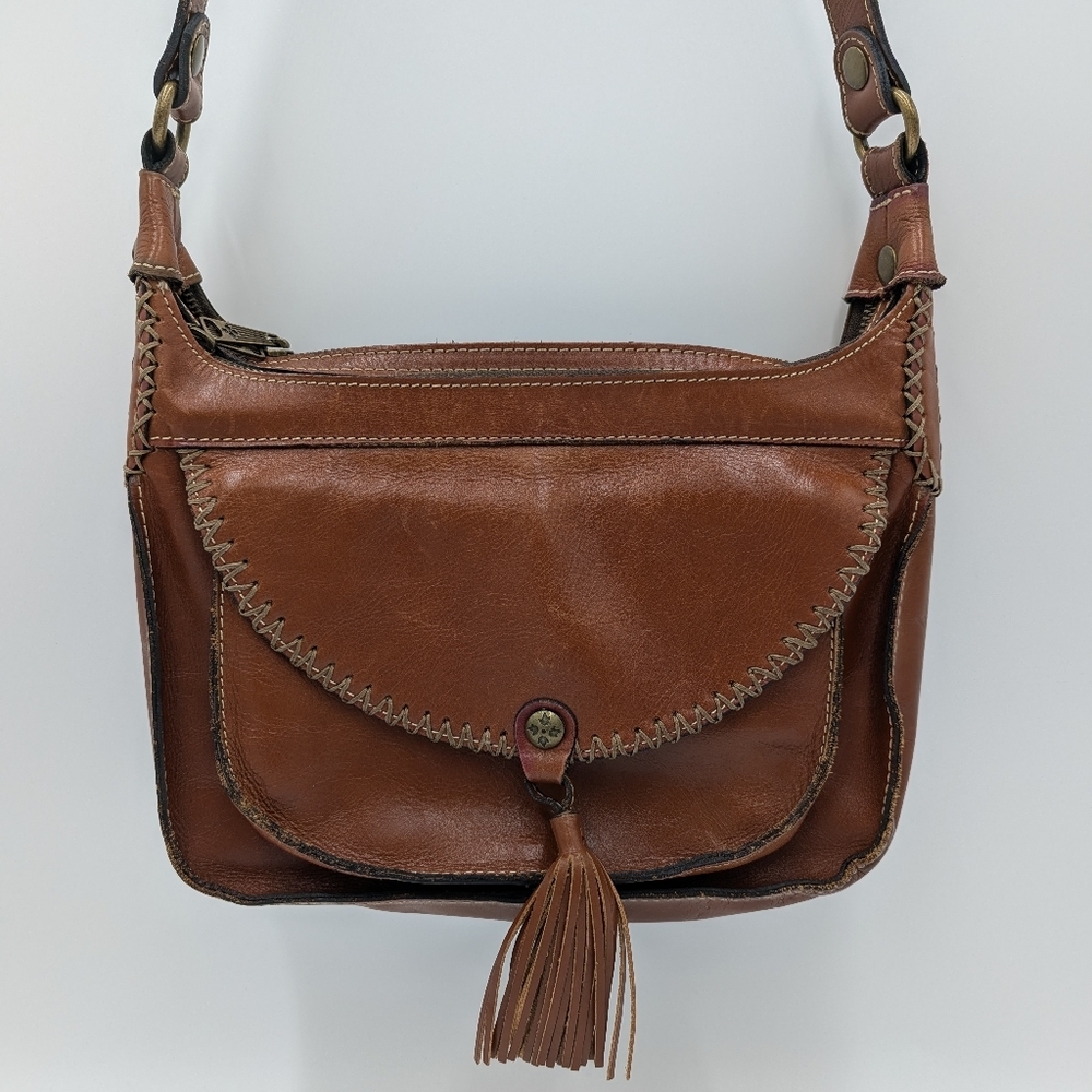 Patricia Nash Camila Crossbody Bag Artisanal Boho Chic Leather Double Zip Brown